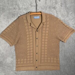 Free Planet Mens L Brown Crochet Knit Button Up Polo Shirt Pointelle Retro MCM